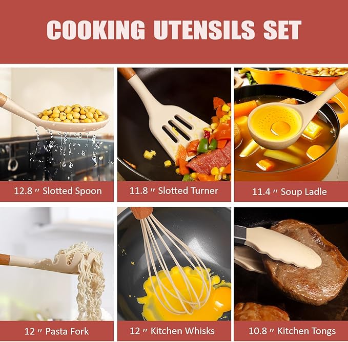 RAXCO Cooking Utensils Set,18-Piece Kitchen Utensils and Knife Set,Khiki | Food-grade Silicone Utensils Heat-resistant to 410°F,5-Piece Stainless Steel Kitchen Knife with Sharpener and Cutting Board