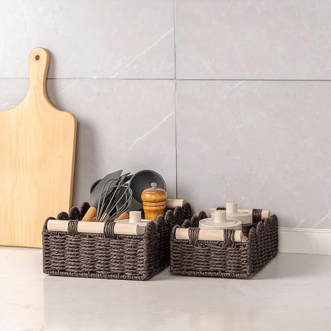 CubesLand Toilet Paper Storage Organizer Basket, Scalloped Decorative Baskets for Over Toilet Shelves, Wicker Small Basket Perfect for Home Countertop Storage & Decor, Living Room Shelf Decor, Brown