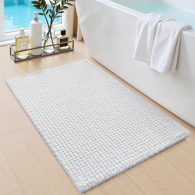 DEXI Bathroom Rugs 24x16, Non Slip Washable Bath Mat, Absorbent Chenille Bathmat, Ultra Soft Thick Carpet for Tub Shower Floor, White