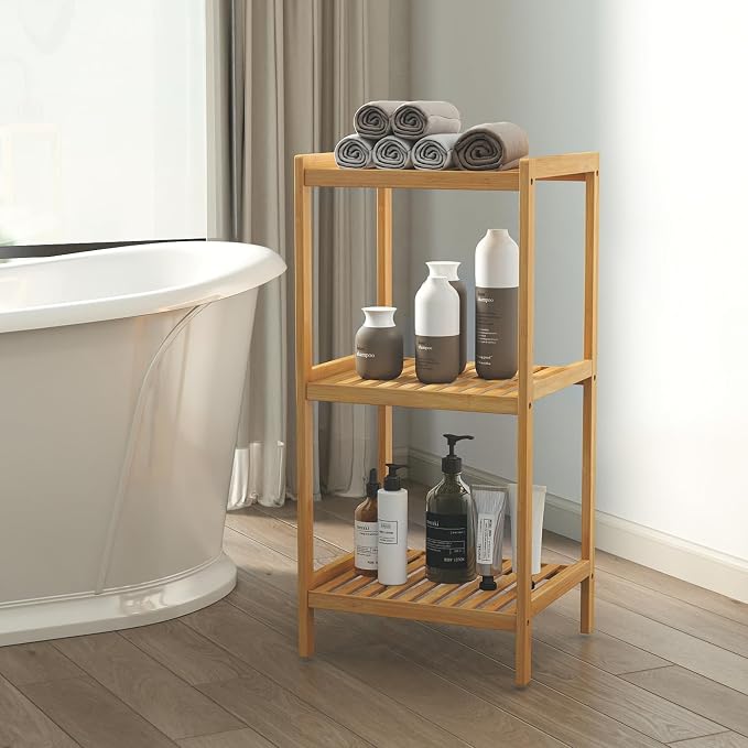 kinbor 3-Tier Bamboo Shelf Freestanding - Space-Saving Bathroom Standing Shelf & Plant Stand, 3 Shelf Bookcase for Kitchen, Living Room, Office (Natural Bamboo, Easy Assembly)
