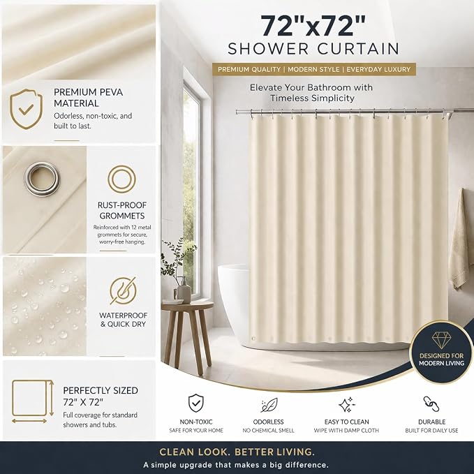 EHZNZIE Beige Shower Curtain Liner 72x72, PEVA Waterproof Bath Curtain, No Chemical Smell, 3 Weighted Magnets, Durable with Rustproof Metal Grommets