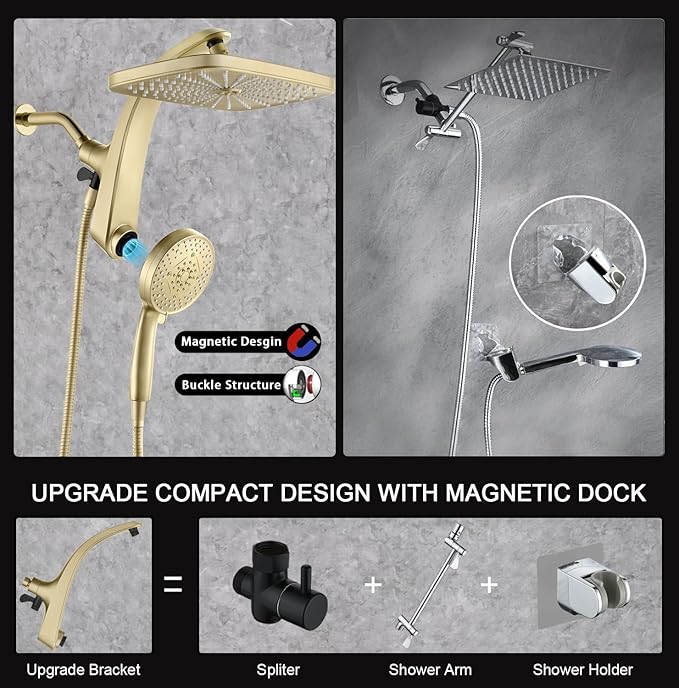 BOZYBO Rain Shower Head with Handheld: High Pressure Shower Heads with Handheld Spray Combo, 12" Rainfall Shower Head and 9 Sprays Hand Showerheads with Magnetic Docking and Power Jets, Desert Gold