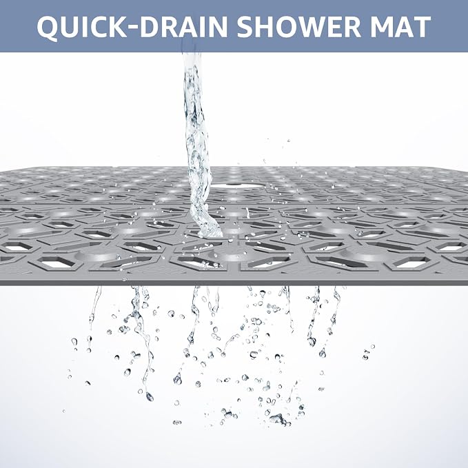 OTHWAY Square Shower Mat, 27"x 27" Extra Large Shower Mats for Inside Shower, TPE Anti Slip Shower Mat with Suction Cups Drain Holes, Machine Washable Shower Floor Mat (Grey)