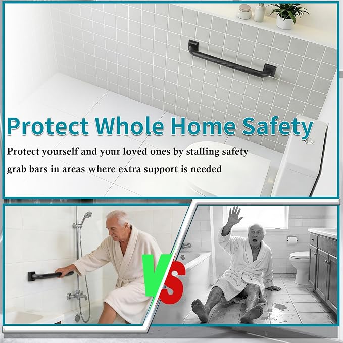 Shower Grab Bars for Seniors, 24 Inch Square Matte Black Bathroom Handle for Wall, Stainless Steel Anti Slip Bathtub Safety Bar, ADA Compliant 500 LBS Hand Rail for Elderly, Handicap