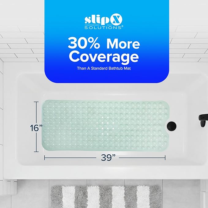SlipX Solutions Power Grip Extra Long Bath Tub & Shower Mat 39x16, Wet Floor Non-Slip for Elderly & Kids Bathroom, 30% Longer Bathtub Mats, 200 Suction Cups, Drain Holes (1, Seafoam Green)