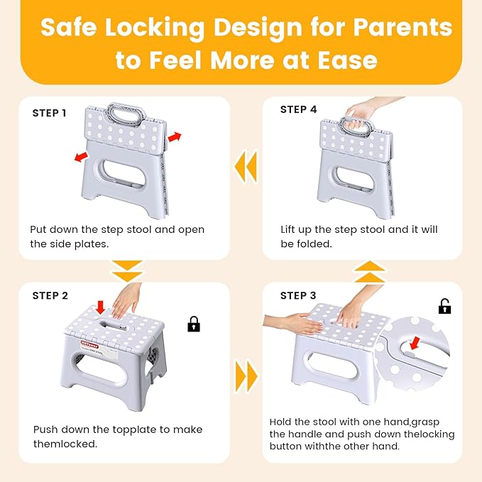 HBTower Folding Step Stool 9 Inch - Holds 600 lb, Non-Slip Surface & Carry Handle - Sturdy Step Stool for Kids, Toddlers & Adults - Compact Foldable Foot Stool for Kitchen, Bathroom, Bedroom(White)