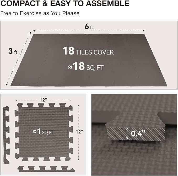 AIRHOP 18 PCS Gym Floor Mat, EVA Foam Puzzle Gym Mat, High-Density Interlocking Foam Floor Tiles for Home Gym, Play Workout Garage Kitchen Flooring 12.6"x12.6"x0.4"