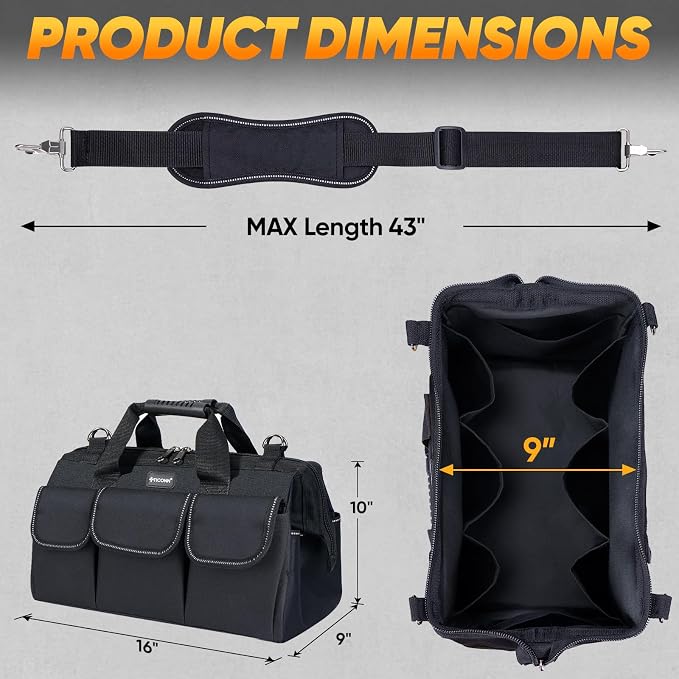 TICONN Heavy Duty Tool Bag with Multi-Pockets, Portable Tool Box Organizer Storage Bag, with Adjustable Shoulder Strap and Ergonomic Handle (Black, 16" Standard Base)