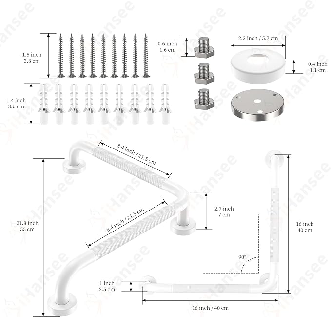 Angled Grab Bar - 16x16 Inch Stainless Steel Knurled Toilet Handles Wall Mounted Bathroom Handicap Safety Rails for Elderly Injured Balance Support, L-Shaped White Grab Bar for Shower