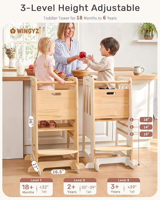 WINGYZ Toddler Tower - Anti-Tip Natural Wood Learning Stool Helper for Kids 18M-6Y, 150lb Capacity Kitchen Stool with 3-Height Adjustable Platform and Sliding Door Access, 20lb Portable Design, White