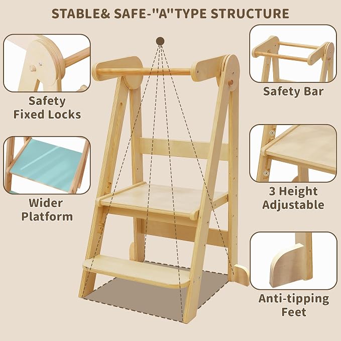 Foldable Toddler Tower Preassembled Kitchen Stool, Folding Tower for Learning with 3 Adjustable Heights Montessori Toddler Standing Tower Collapsible Step Stool for Kids 1.5-6y Natural