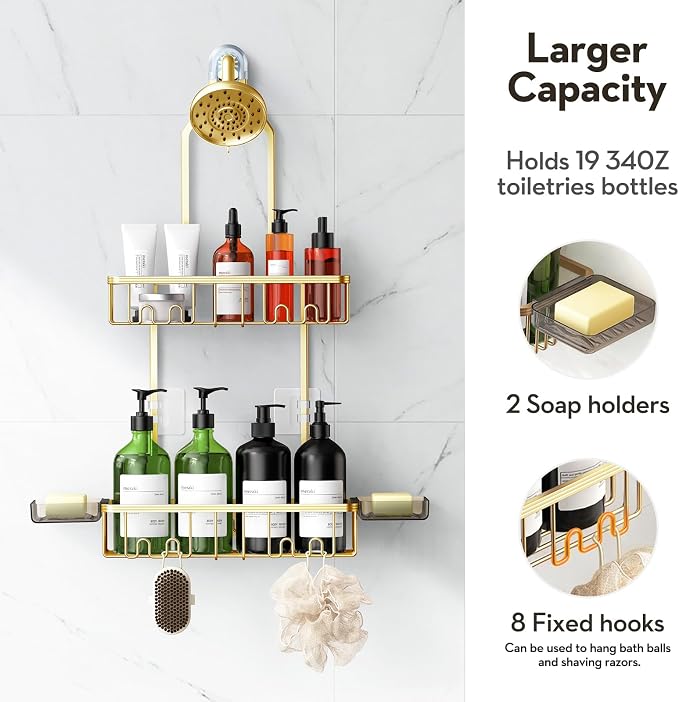 Shower Caddy Hanging, Shower Organizer Hanging, Aluminum Shower Racks for Inside Shower with Hooks for Razor, Never Rust Bathroom Organizers and Storage with Soap Holder, Gold