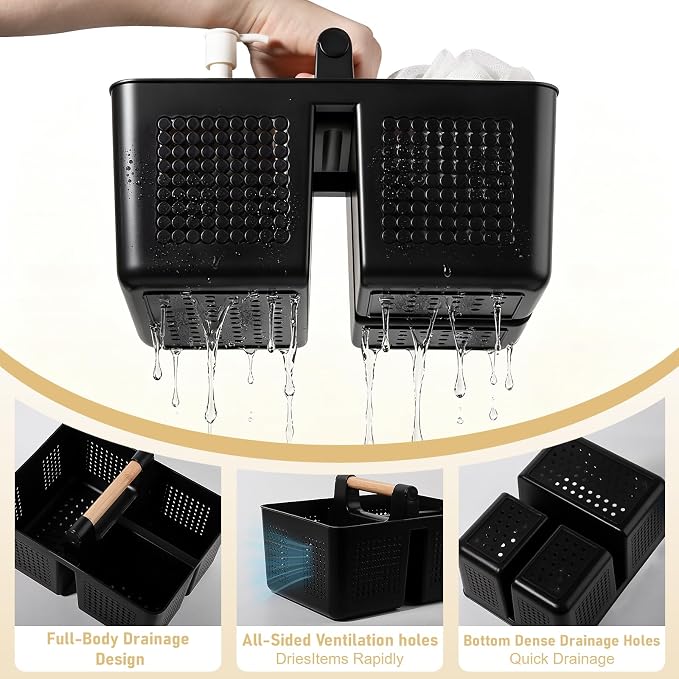 JiatuA Shower Caddy Basket Portable Caddy Organizer with Handle Cleaning Supplies Caddy Plastic Tool Storage for Bathroom Kitchen College Dorm Bedroom, Black