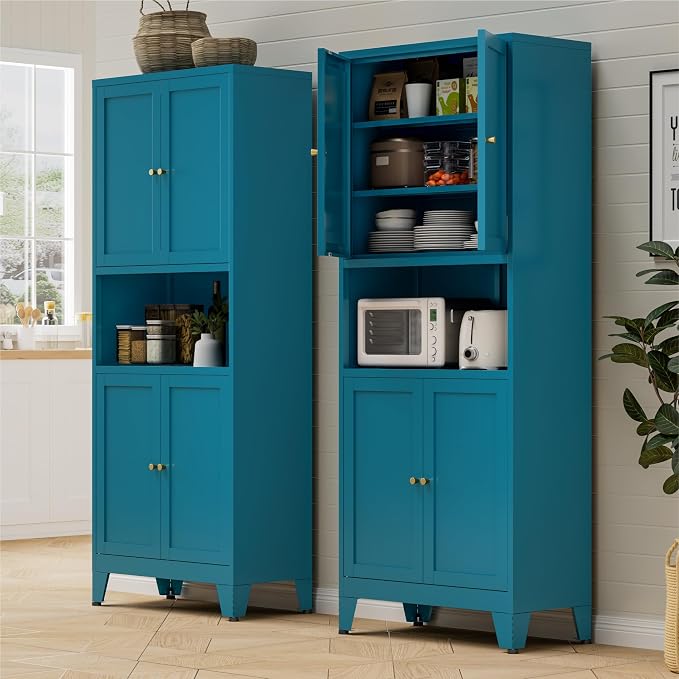 Bevivog Tall Pantry Cabinet with Microwave Shelf, 69" Metal Storage Cabinet with 4 Doors and Adjustable Shelves,Freestanding Metal Kitchen Hutch Cabinet, Blue Pantry Closet Storage Shelves with Doors