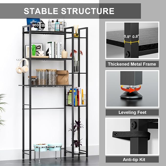 Over The Toilet Storage with Wooden Shelves and Side Rack, 7-Tier Black Over Toilet Bathroom Organizer Freestanding Storage Shelf for Toilet Paper, Towels, Toiletries, 31.5" Wide
