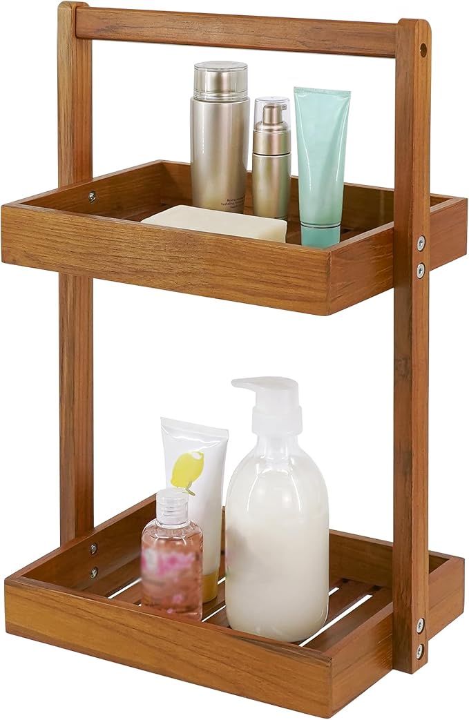 Utoplike Teak Wood Shower Caddy Corner, 2 Tier Bathroom Organizer Countertop, Standing Shower Rack with Handle, Stand Up Shower Basket for Shampoo, Shelf Rack for Inside Shower, Kitchen Desktop