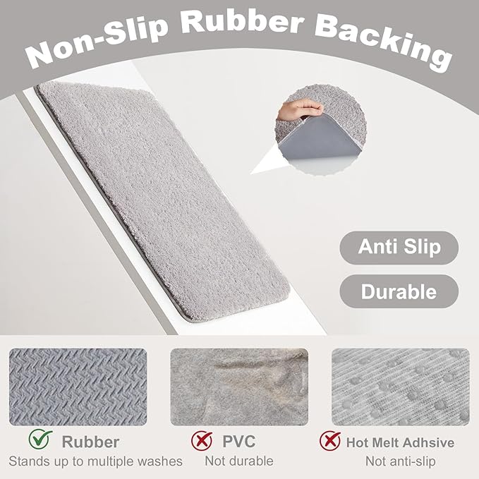 TYUU Bathroom Rugs Non Slip Washable, Ultra Soft Super Absorbent Quick Dry Small Bath Mat with Rubber Backing for Bathroom Floor, Shower, or Sink, Light Grey 24" x 48"