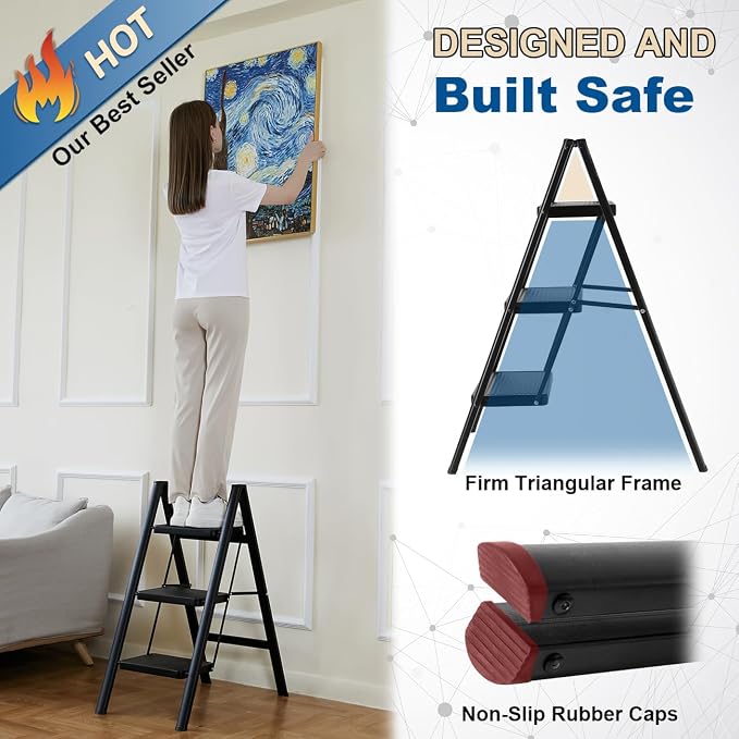 Double Elite Folding 3 Step Ladder, Sturdy 330 Lbs Load Small Step Stool for Adults, Safer Full Steel Multi-use Kitchen Ladder for Home, Closet Step Stool Ladder with Wide Pedals, Black, 3-Step