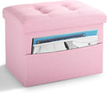 LINMAGCO Storage Ottoman Folding Foot Stool Foot Rest with Side Pocket Modern Ottoman with Storage Short Sofa Stool Linen Cloth 17x13x13(Pink)