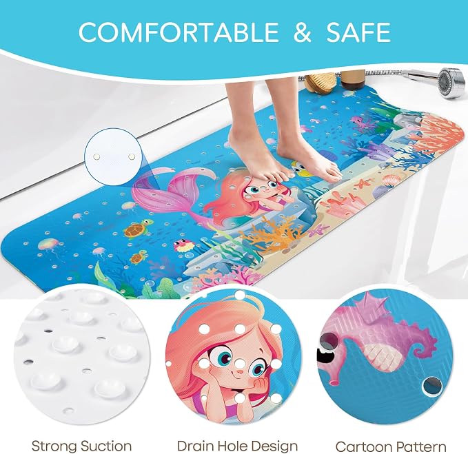 SHUCHING Mermaid Bath Mat for Tub Non Slip-40 X 16 Inch, Girl Bathtub Mat Non Slip, Long Shower Mat for Toddler Baby Kids
