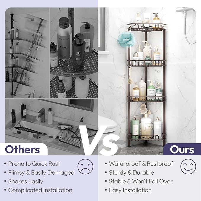 SWTYMIKI Standing Shower Caddy Corner - 4‑Tier Stainless Steel Shower Organizer Shelf with 12 Hooks and Adhesive Pads, Rustproof Corner Shelves Stand Rack for Bathroom Shower Room, Bronze