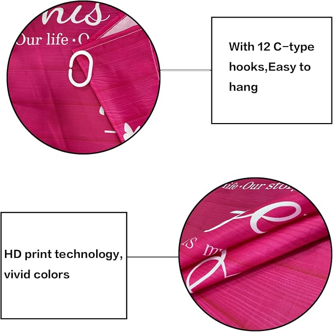 4Pcs Family Shower Curtain Sets with Non-Slip Rugs, Toilet Lid Cover and Bath Mat, Pink Home Bathroom Decor Set Accessories Waterproof Shower Curtains with 12 Hooks, 72 x 72 Inch