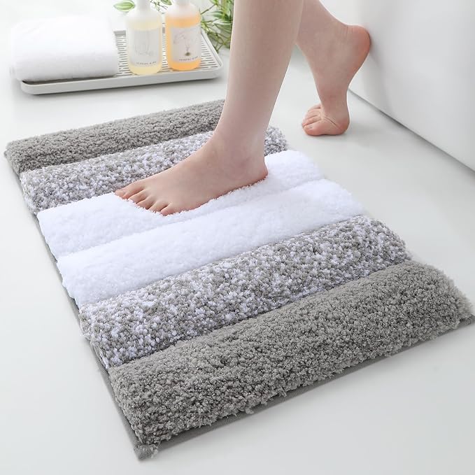 XIYUNTE Thick Bathroom Rug - 24x16 Extra Soft Gray and White Microfiber Bath Rugs, Quick Dry Super Absorbent Rubber Backing, Non Slip Washable Bath Mat for Floor Tub Shower