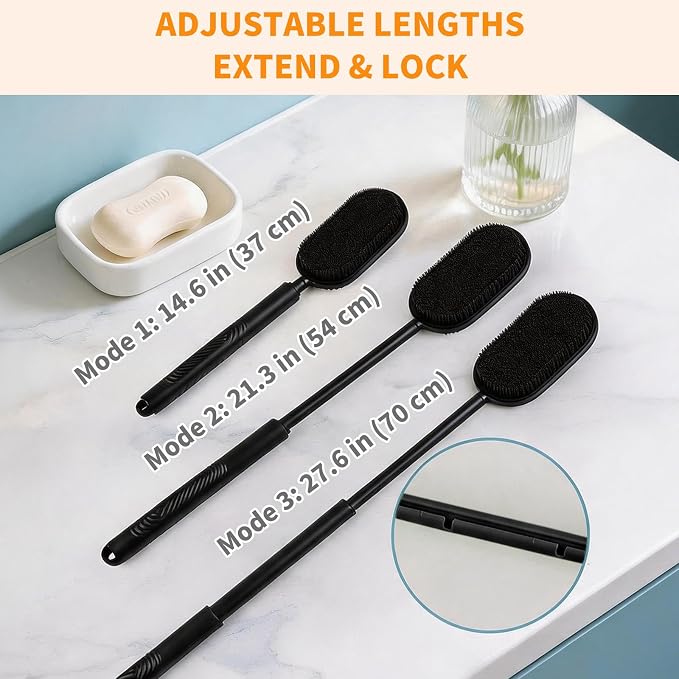 Silicone Back Scrubber(3-Stage Length 14.6"-21.3"-27.6")& Silicone Body Scrubber(Dual-Side) & Hair Scalp Massager & Face Brush Set (4PCS), with 2 Free Hooks (Extendable Back Brush Set)