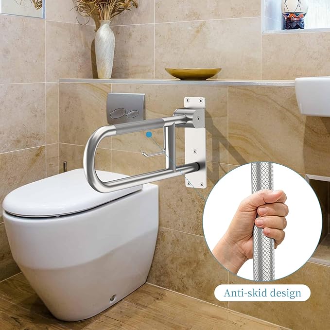 Toilet Grab Bar 24 Inch, Munzong Anti-Slip Handicap Grab Bars with Paper Holder, Flip-Up Bathroom Toilet Safety Rails, Stainless Steel Knurled Support handrails for Seniors Elderly Disabled Pregnant