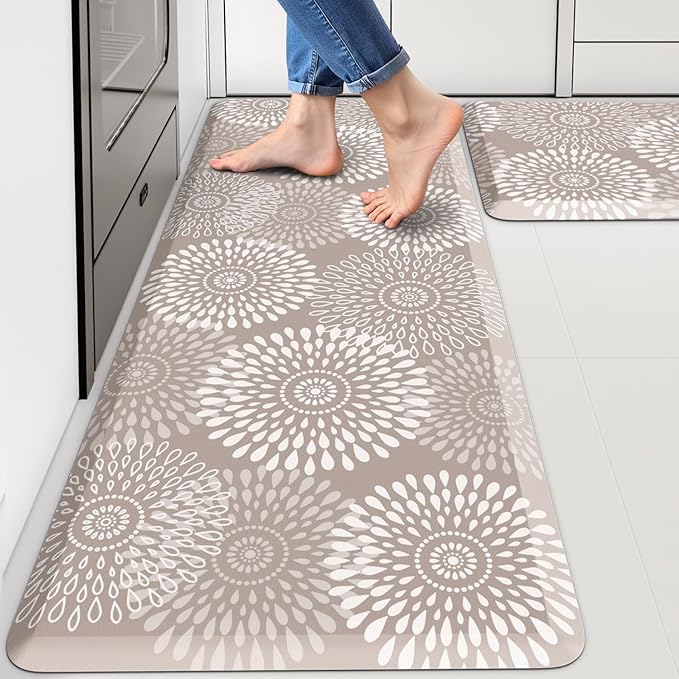 LuxStep Kitchen Mats for Floor,0.47 inch Thicker Cushioned Rug Anti-Fatigue Mats for Kitchen Decor Accessories,Waterproof Non-Slip Mats and Rugs Set for Office,Laundry 17.3"×29"+17.3"×47",Khaki
