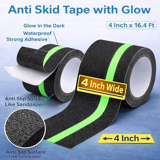 Anti-Slip Tape with Glow in the Dark, 4Inch x 16.4Ft Non Skid Traction Tape for Stairs, Floors, Decks, Indoors & Outdoors, Waterproof PVC Safety Grip Tape with Glow