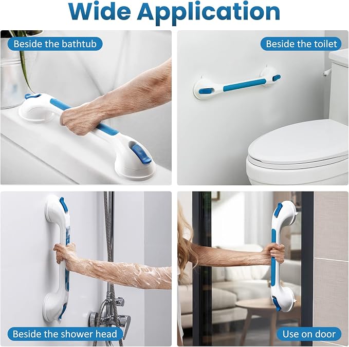 LEVERLOC Grab Bars for Bathtubs and Showers 2 Pack Suction Grab Bar, Heavy Duty 17 Inch Shower Handle Removable Bath Handrails for Seniors and Elderly, Bathroom Safety Grip No Drilling Waterproof Blue