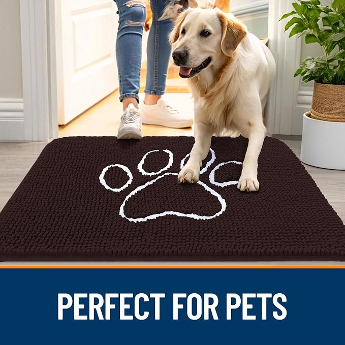 OLANLY Dog Door Mat for Muddy Paws 24x16, Paw Print Design, Absorbs Moisture and Dirt, Absorbent Non-Slip Washable Doormat, Quick Dry Chenille Mud Mat for Dogs, Entry Indoor Entryway Carpet, Brown