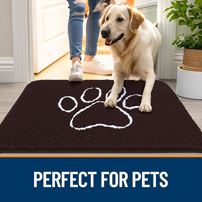 OLANLY Dog Door Mat for Muddy Paws 70x35, Paw Print Design, Absorbs Moisture and Dirt, Absorbent Non-Slip Washable Doormat, Quick Dry Chenille Mud Mat for Dogs, Entry Indoor Entryway Carpet, Brown