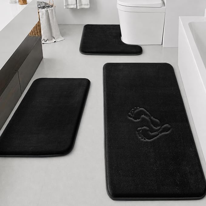 HUXMEYSON Bathroom Rugs Sets 3 Piece, Non-Slip & Quick Dry Bath Mat Set, Ultra Soft Velvet Bath Rugs for Bathroom, Toilet and Shower Floor, Black