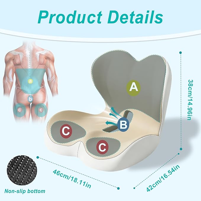Seat Cushion for Office Chair and Car, Lumbar Support Pillow for Office Chair, Memory Foam Ergonomic Seat Cushion for Long Sitting, Back & Tailbone Pain, Sciatica - Beige & Gray