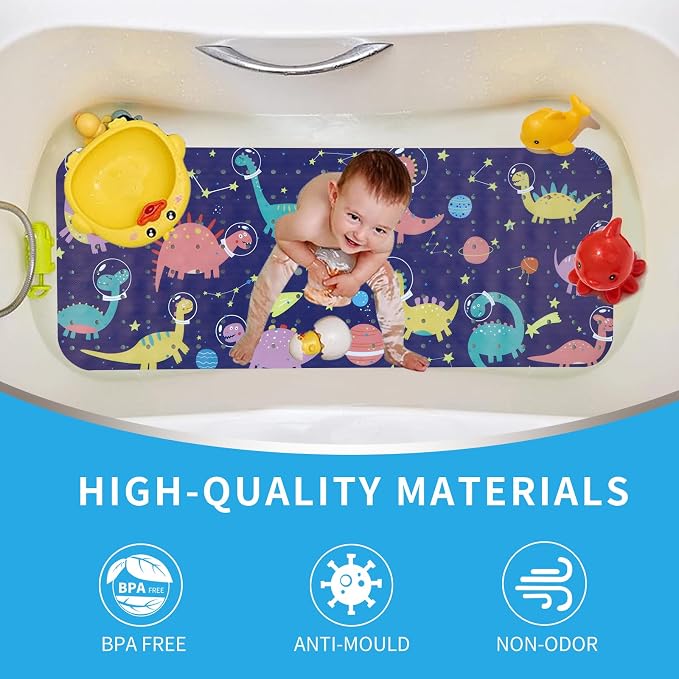 Bath Tub Shower Mat Non Slip Kids Bathtub Mat Anti Slip Baby Bath Mat for Tub 40 x 16 Inch Extra Long Toddler Bath Mat with Suction Cups and Drain Holes for Bathroom Floor,Space Dinos