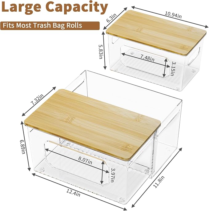 Trash Bag Holder 3-in-1 Under Sink Organizer, Acrylic Trash Bag Dispenser with Bamboo Lid and Pull-Out Basket for Cleaning Supplies, Space Saving Garbage Bag Holder for Kitchen Laundry Room Storage