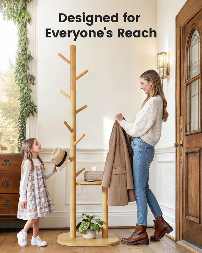 Pipishell Coat Rack, Freestanding Hall Tree with 8 Hooks & Storage Shelf, Solid Wood Base, 66.3″ Tall Coat Rack Stand for Coats, Hats, Bag in Entryway, Bedroom, Living Room, Wood, PIFCR11N