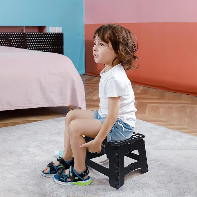 Flottian 9" Folding Step Stool for Adults and Kids Holds Up to 300 lbs,Non-Slip Folding Stools with Portable Handle, Compact Plastic Foldable Step Stool for Bathroom,Bedroom, Kitchen Black