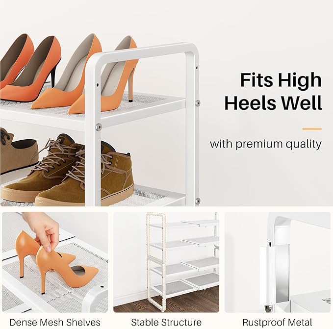 SNTD Shoe Rack - Expandable Shoe Organizer for Closet, Adjustable Metal Shoe Shelf Storage, Stackable Long Shoe Stand Holder for Garage, Entryway, Door Entrance (White, 4-Tier)
