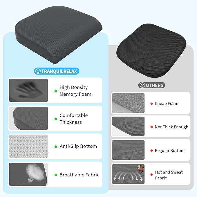 TranquilRelax XLarge Seat Cushion, Soft Foam Cushion for Long Sitting Hours on Office Chair, Home & Car, Non-Slip Chair Pad for Relieving Back & Sciatica & Hip & Coccyx Pain (Grey)