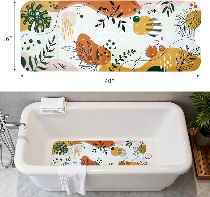 Bathtub Mat Non Slip 40x16In Extra Long Boho Bath Mat for Tub Decorative Bath Tub Mat with Drain Holes Suction Cups Palm Monstera Tropical Bathroom Decor Boho Shower Mats for Inside Shower Orange