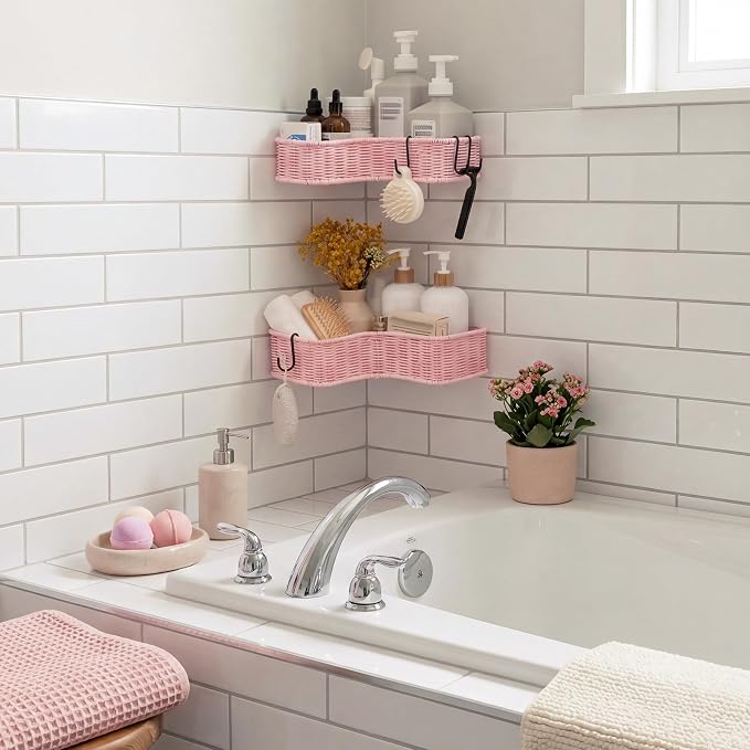 GRANNY SAYS 2 Pack Wicker Corner Shower Caddy Hanging, Shower Shelf for Inside Showers, Adhesive Shelves for Bathroom Organizers and Storage, Bathroom Shelves Wall Mounted with 4 Hooks for Decor, Pink