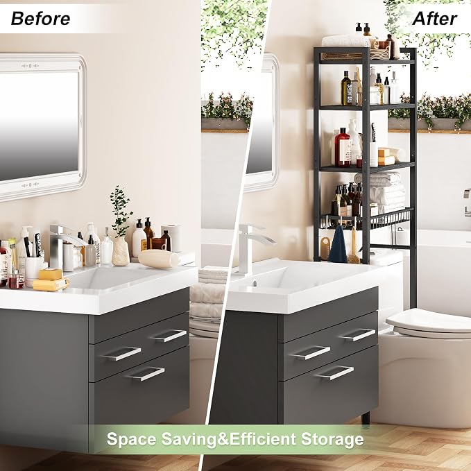 Kalrin Over-The-Toilet Storage Rack, 4-Tier Bathroom Organizer Shelf Over Toilet with Adjustable Shelf and Basket, Freestanding Space Saver Bathroom Shelves Above Toilet for Room (Pure Black)