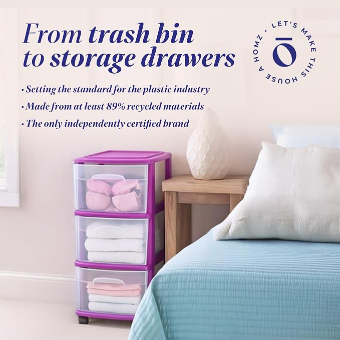 HOMZ Drawer Tower, 3-Tier Clear Plastic Storage Organizer Cart, Purple Frame - Rolling Drawer Containers with Wheels for Bathroom, Bedroom, Office, and Classroom Organization