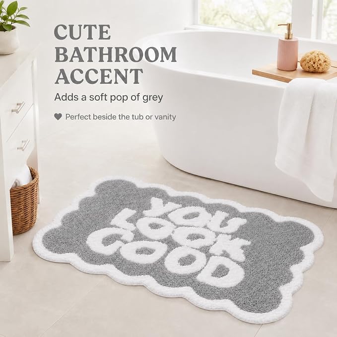 Scalloped Grey Bath Rug, You Look Good Cute Bathroom Rug, Soft Absorbent Quick Dry Bath Mat, TPR Non Slip Backing, Microfiber Mat for Shower Tub Sink Vanity 20" x 31.5"