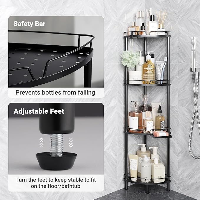 ELYKEN Corner Shower Caddy Standing, 4 Tier Rustproof Metal Shower Organizer with Soap Holder, Floor Shower Corner Shelf Rack Storage Stands with Adjustable Feet & 2 Hooks for Bathroom, Black