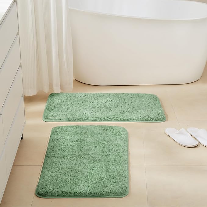 TECHMILLY Non-Slip Bathroom Rugs Sets 2 Piece, Fluffy Soft Luxury Microfiber Shower Mat, Absorbent, Washable & Quick Dry for Bath Floor, 32''x20'', Green