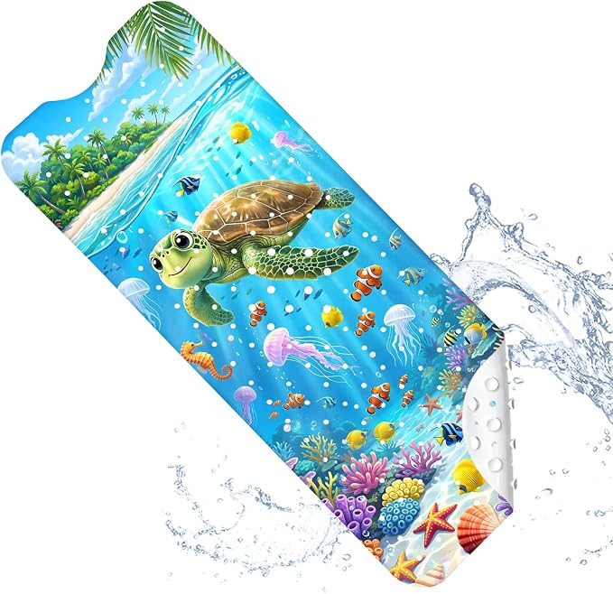 Kids Bath Mat for Tub Non Slip – 40"x16" Cute Cartoon Turtle Baby Bathtub Mats, Machine Washable, Extra Long Tub Mats with Suction Cups & Drain Holes Non Slip Baby Shower Mat for Toddler Bath(Turtle)